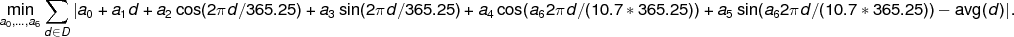       ∑
am,..in.,a    |a0 + a1d +a 2cos(2πd ∕365.25)+ a3sin(2πd∕ 365.25)+ 
 0  6d∈ D

